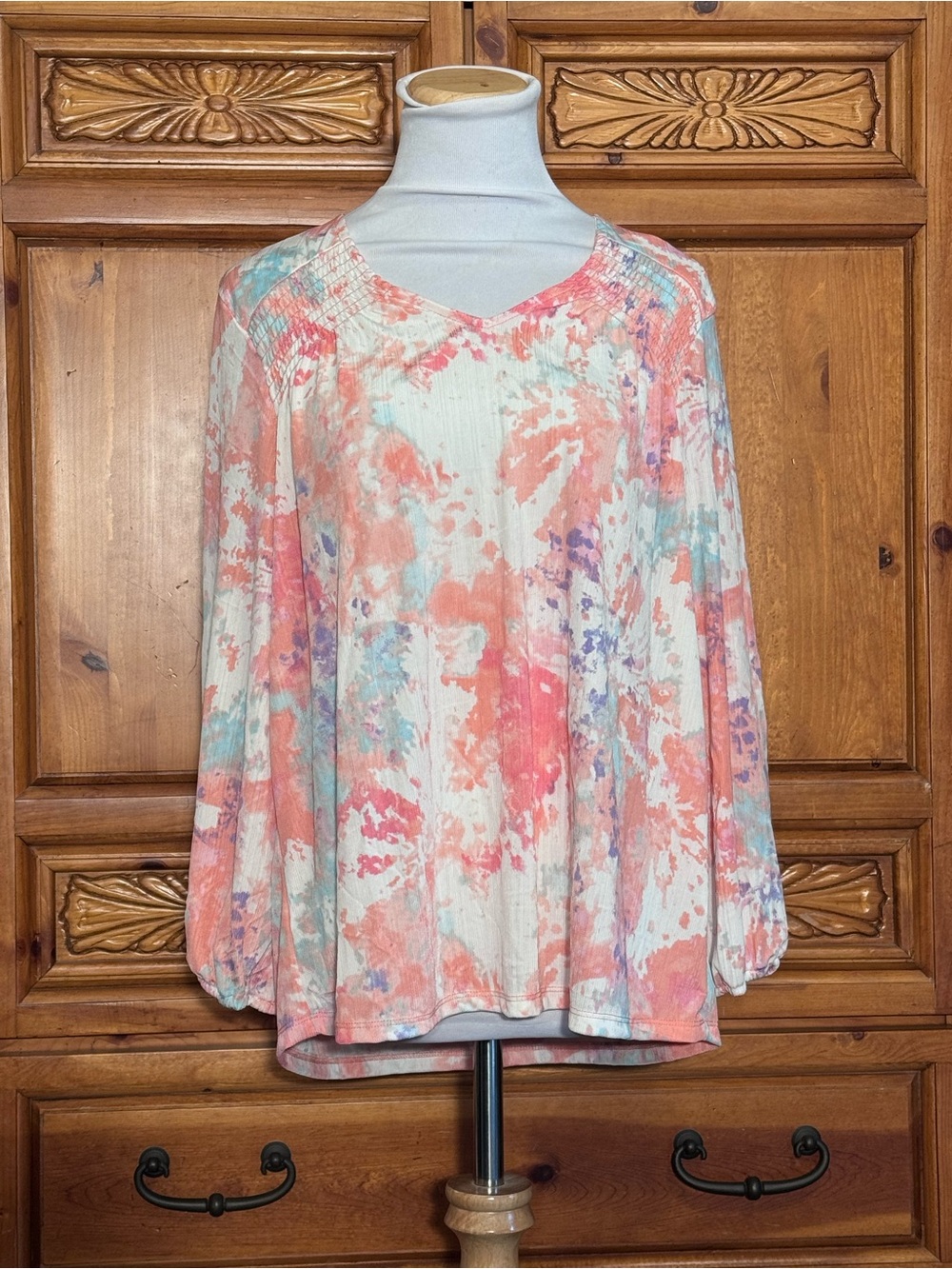 Smocked Yoke Tie-Dye Long Sleeve Tunic Top - Coral, Mint & Lavender